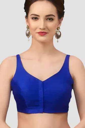 Royal blue v neck plain silk spaghetti padded readymade saree blouse
