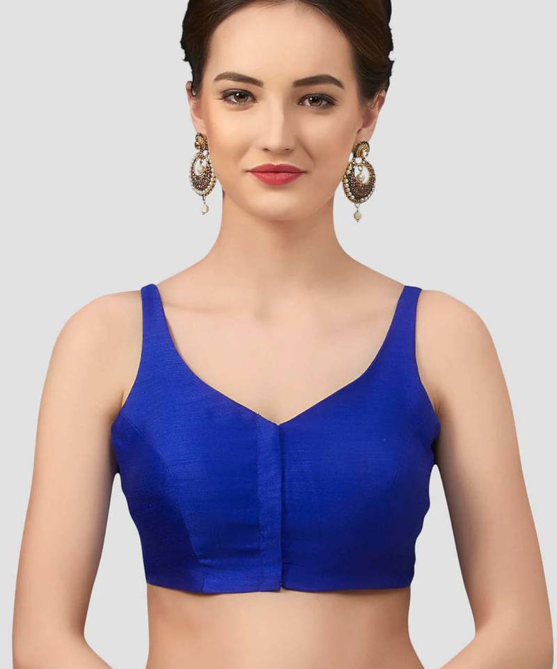 Royal blue v neck plain silk spaghetti padded readymade saree blouse