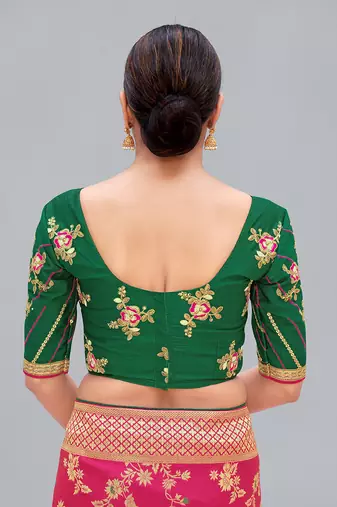 Dark green embroidered silk blend readymade blouse