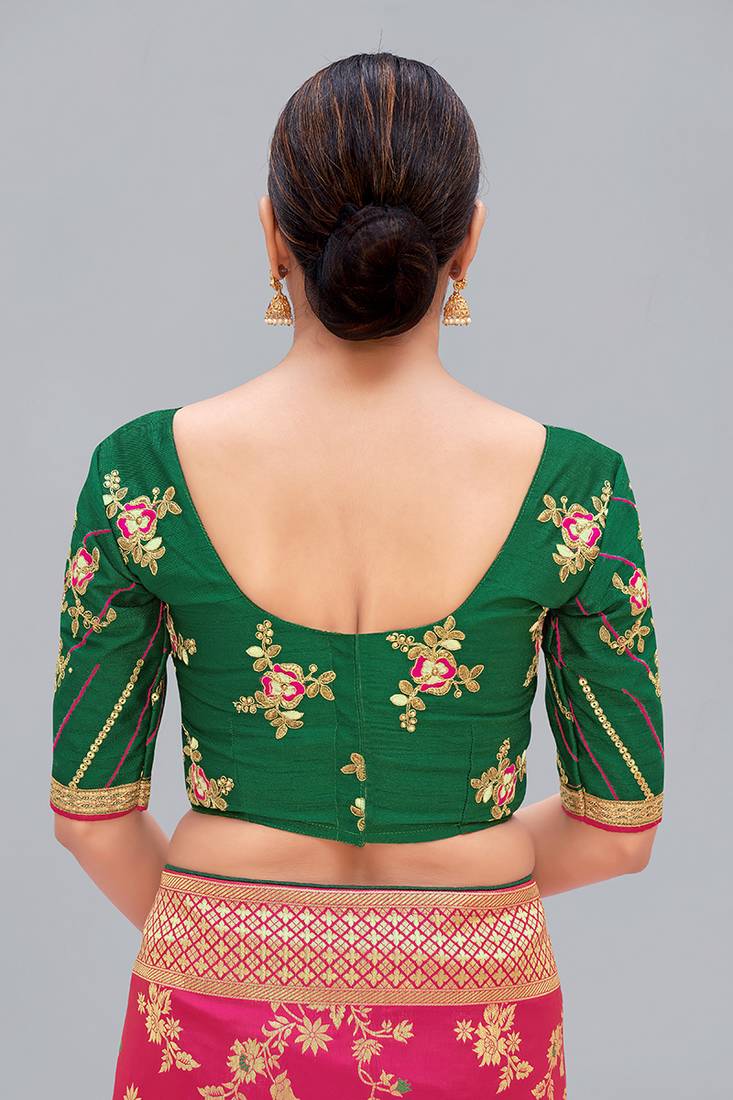Dark green embroidered silk blend readymade blouse