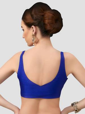 Royal blue v neck plain silk spaghetti padded readymade saree blouse 2