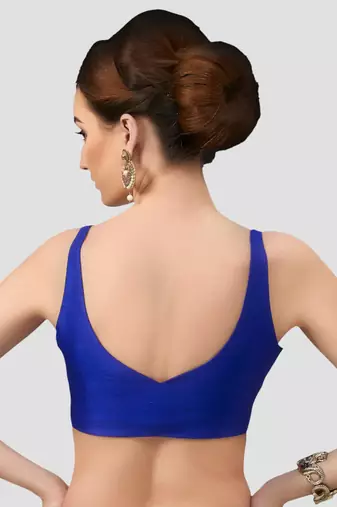 Royal blue v neck plain silk spaghetti padded readymade saree blouse