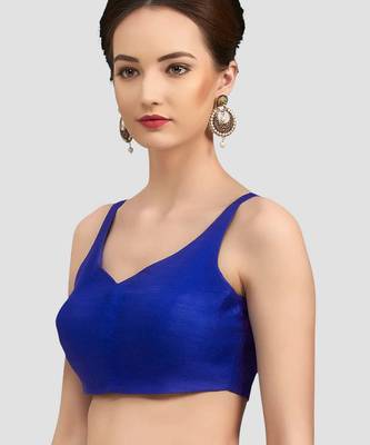 Royal blue v neck plain silk spaghetti padded readymade saree blouse 3