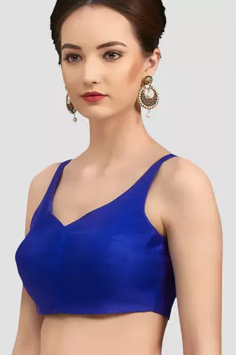 Royal blue v neck plain silk spaghetti padded readymade saree blouse