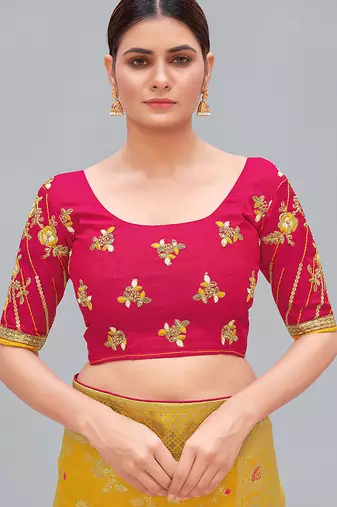 Rani pink embroidered silk blend readymade blouse