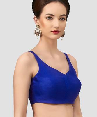 Royal blue v neck plain silk spaghetti padded readymade saree blouse 4