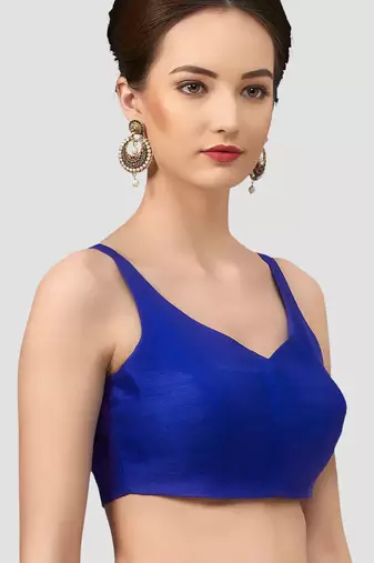 Royal blue v neck plain silk spaghetti padded readymade saree blouse