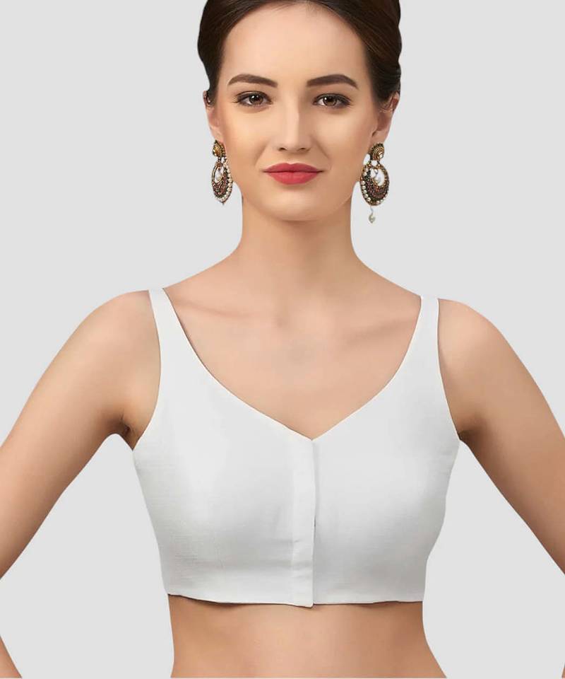 White v neck plain silk spaghetti padded readymade saree blouse