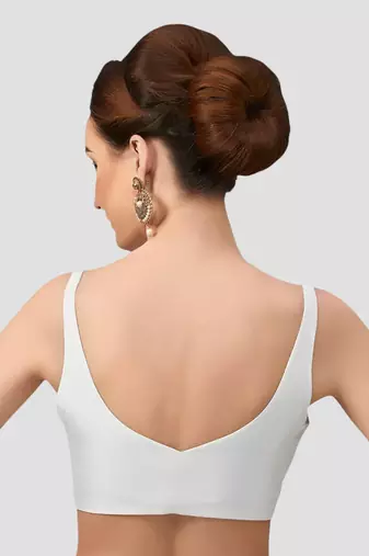 White v neck plain silk spaghetti padded readymade saree blouse