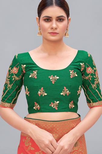 Dark green embroidered silk blend readymade blouse