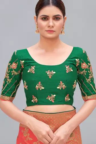 Dark green embroidered silk blend readymade blouse