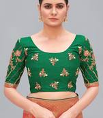 Dark green embroidered silk blend readymade blouse