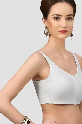 White v neck plain silk spaghetti padded readymade saree blouse