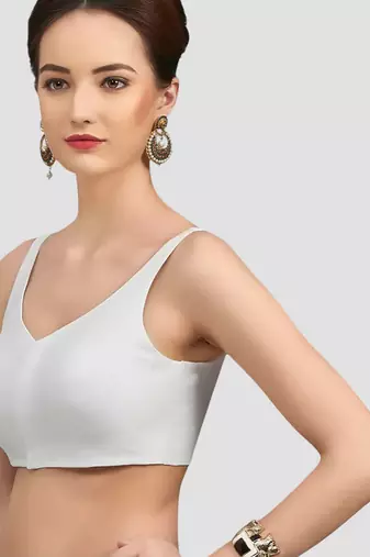 White v neck plain silk spaghetti padded readymade saree blouse