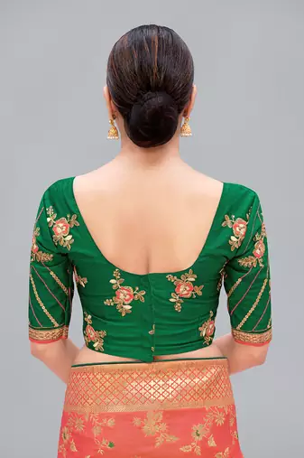 Dark green embroidered silk blend readymade blouse