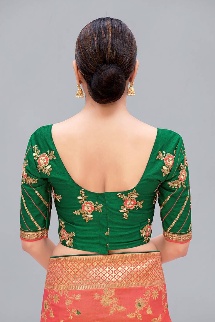 Dark green embroidered silk blend readymade blouse