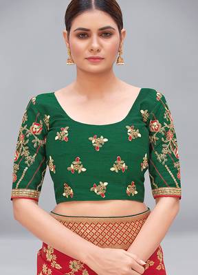 Dark green embroidered silk blend readymade blouse 1