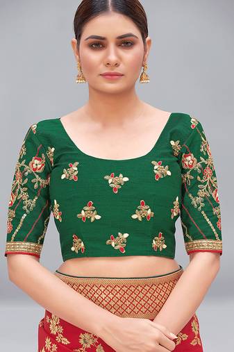 Dark green embroidered silk blend readymade blouse