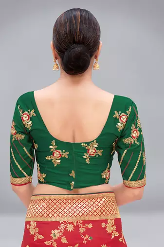 Dark green embroidered silk blend readymade blouse