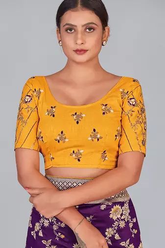 Yellow embroidered silk blend readymade blouse