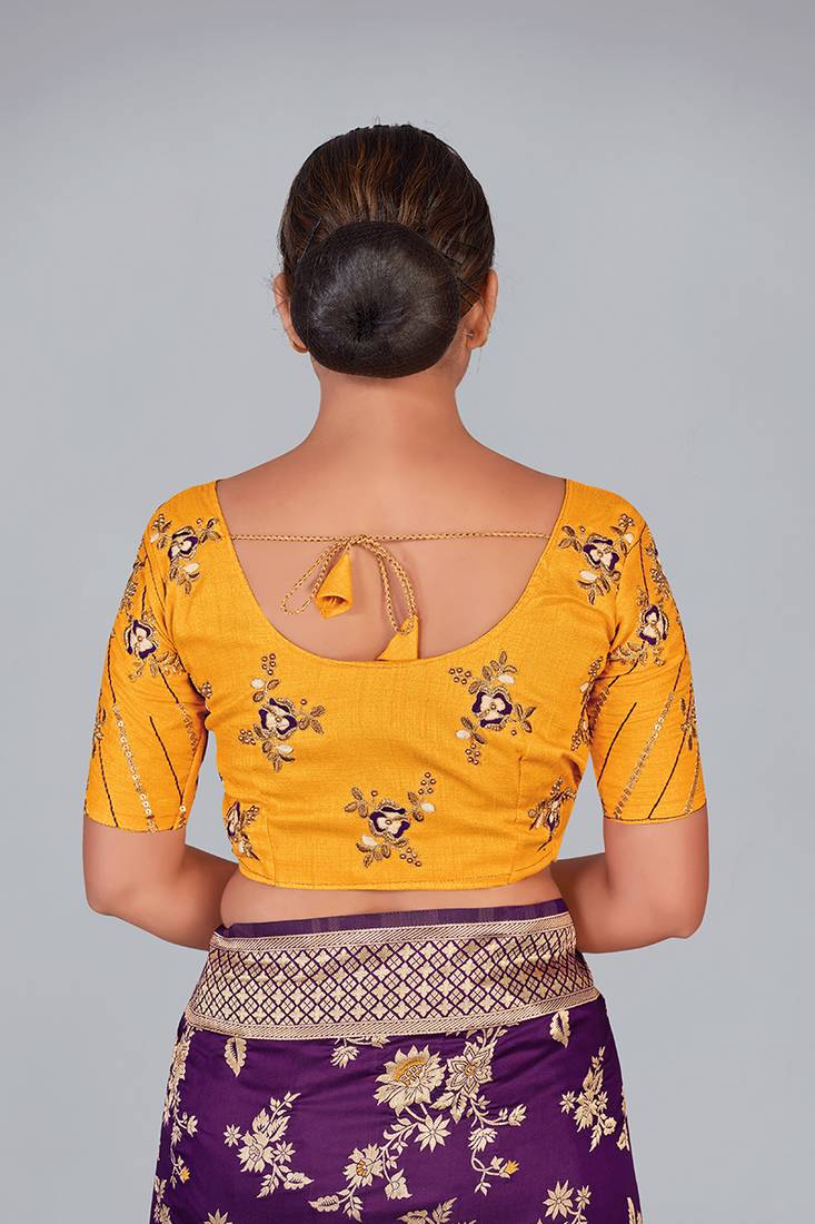 Yellow embroidered silk blend readymade blouse