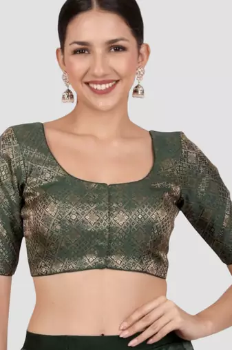 Bottle green brocade padded readymade saree blouse