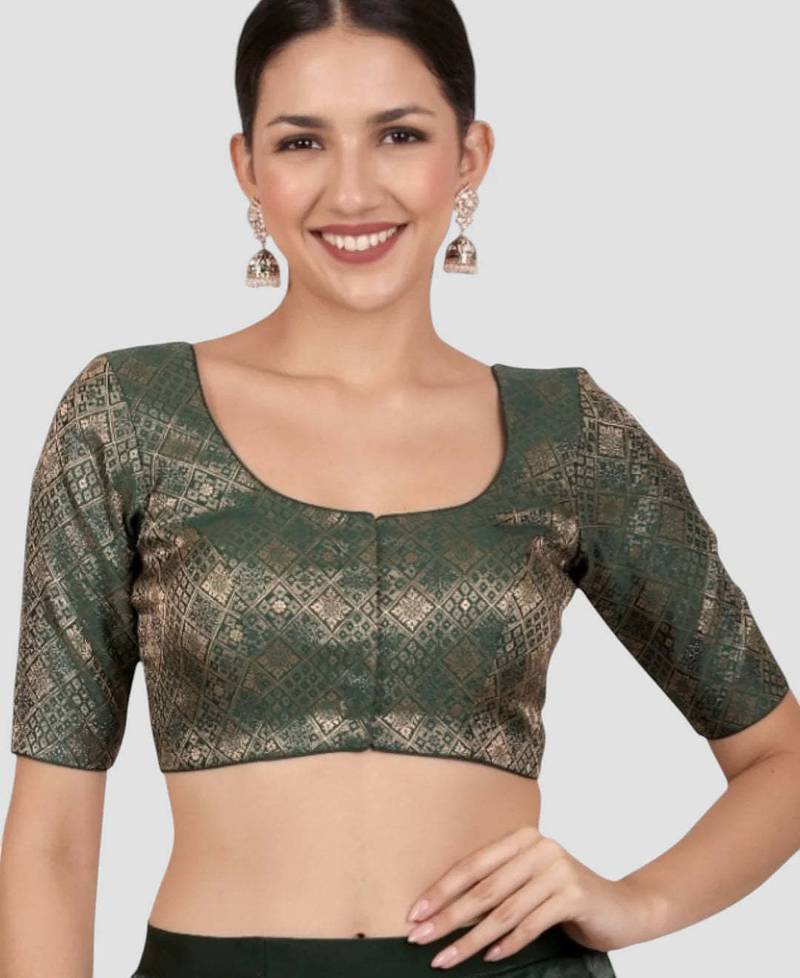 Bottle green brocade padded readymade saree blouse