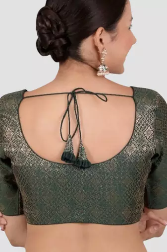 Bottle green brocade padded readymade saree blouse