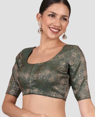 Bottle green brocade padded readymade saree blouse 3