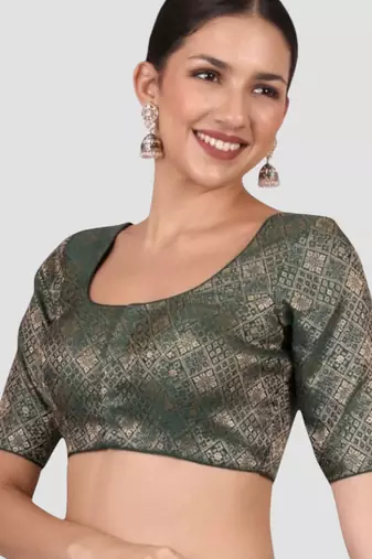 Bottle green brocade padded readymade saree blouse