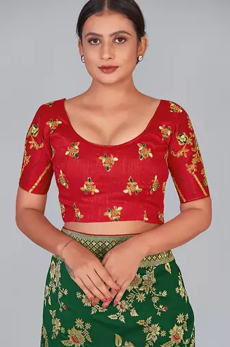 Red embroidered silk blend readymade blouse