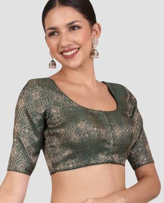 Bottle green brocade padded readymade saree blouse 4