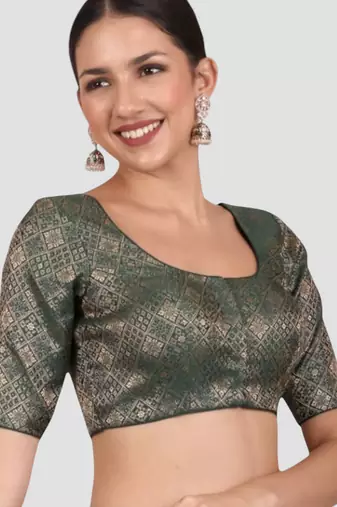Bottle green brocade padded readymade saree blouse