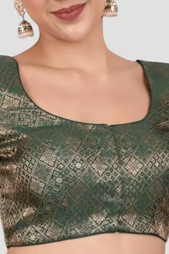 Bottle green brocade padded readymade saree blouse