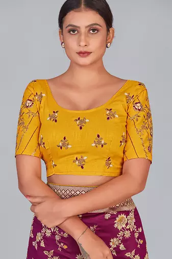Yellow embroidered silk blend readymade blouse