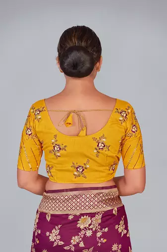 Yellow embroidered silk blend readymade blouse
