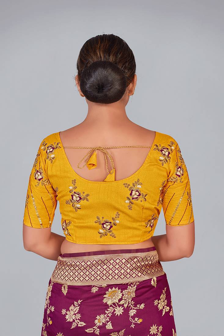 Yellow embroidered silk blend readymade blouse