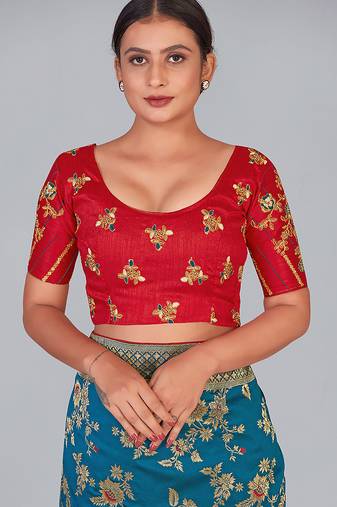 Red embroidered silk blend readymade blouse