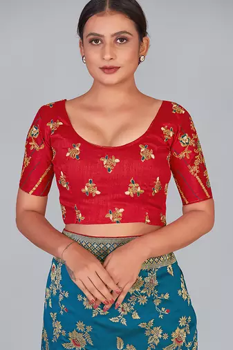 Red embroidered silk blend readymade blouse