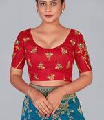 Red embroidered silk blend readymade blouse
