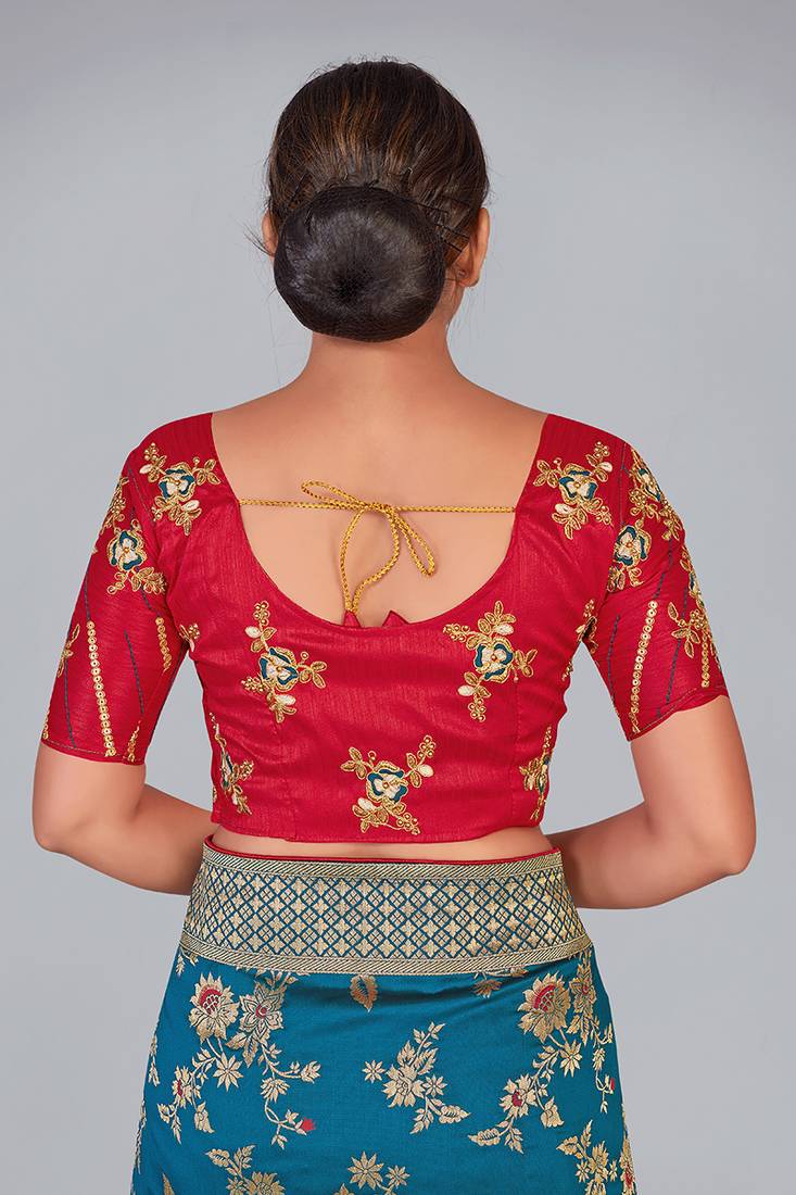 Red embroidered silk blend readymade blouse