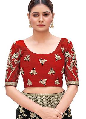 Red embroidered silk blend readymade blouse 1