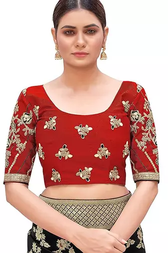 Red embroidered silk blend readymade blouse