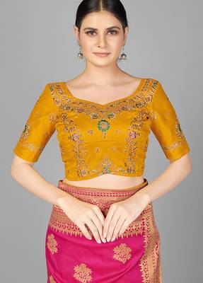 Yellow embroidered silk blend readymade blouse 1