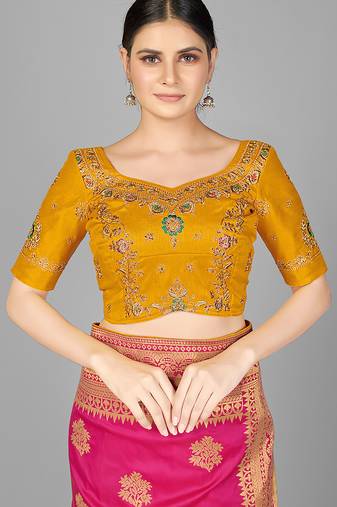 Yellow embroidered silk blend readymade blouse