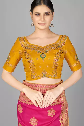 Yellow embroidered silk blend readymade blouse