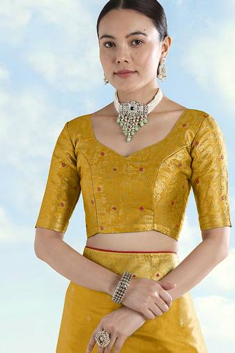 Mustard zari woven faux banarasi tissue silk readymade blouse