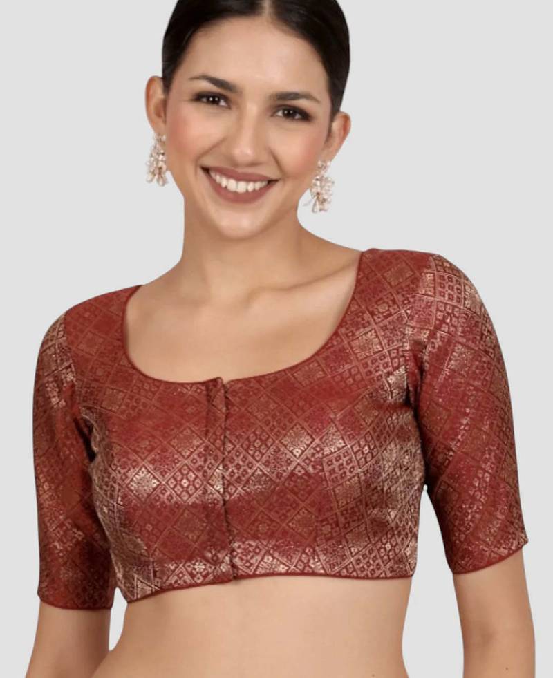 Maroon brocade padded readymade saree blouse