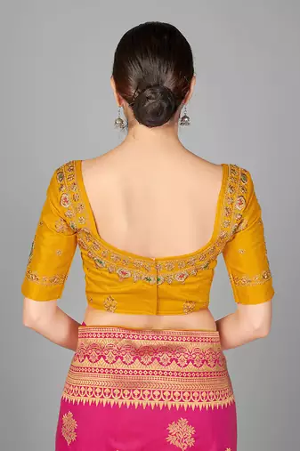 Yellow embroidered silk blend readymade blouse