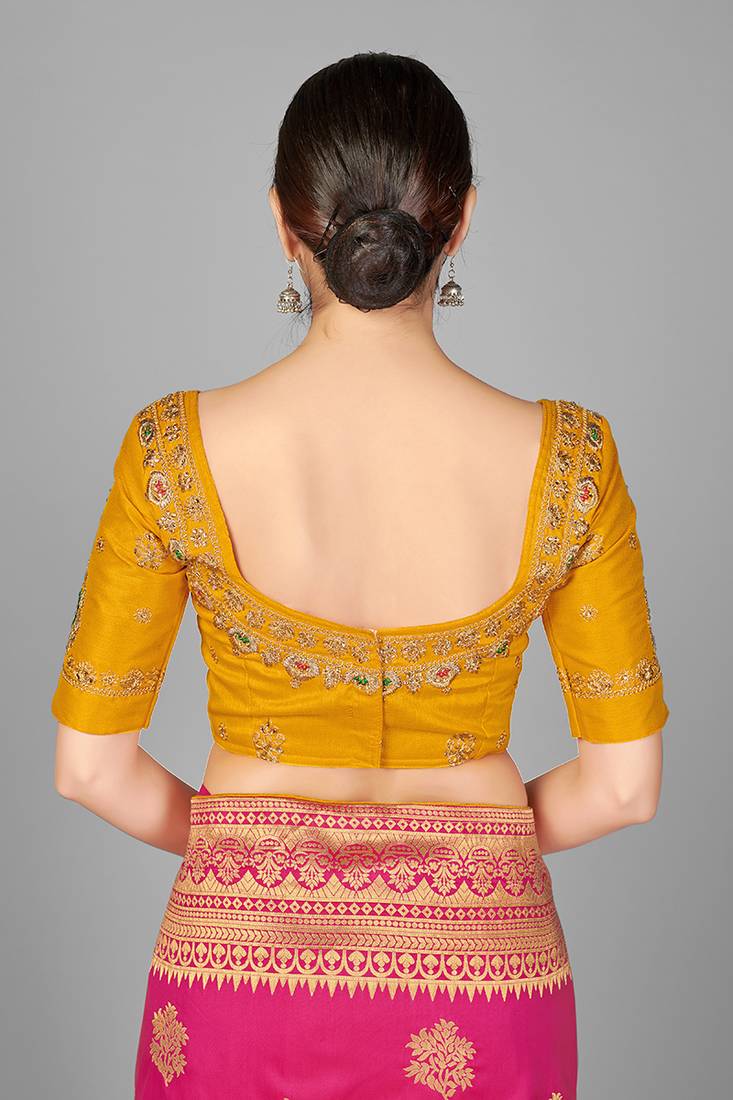 Yellow embroidered silk blend readymade blouse